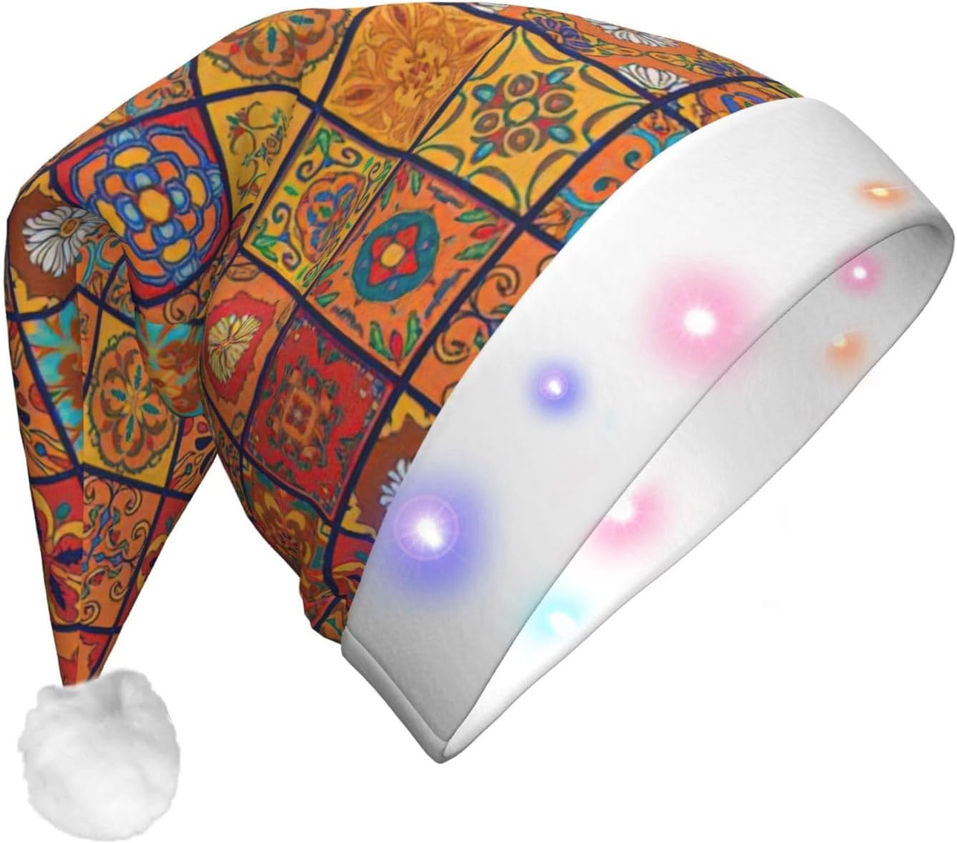 Moroccan Geometric Print Light Up Santa Hat Plush Set for Adults