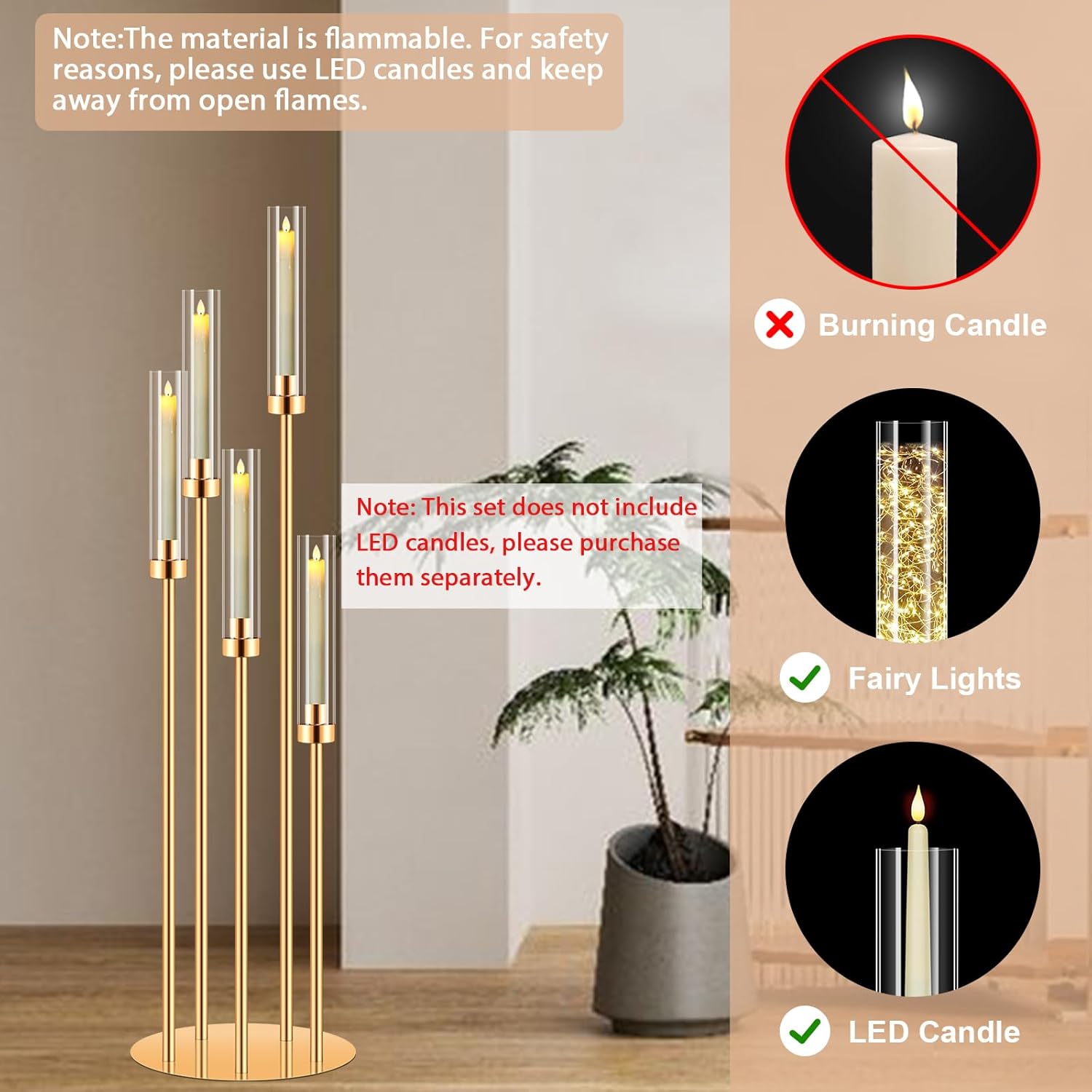 2 Sets Gold Candelabra Centerpieces with LED Candles