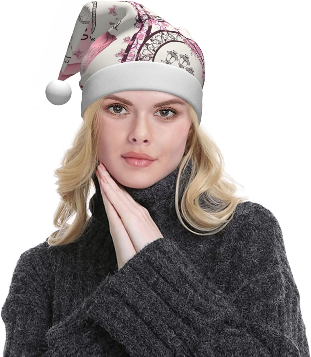 QINZHENG Romantic Paris Butterfly Print Santa Hat for Women