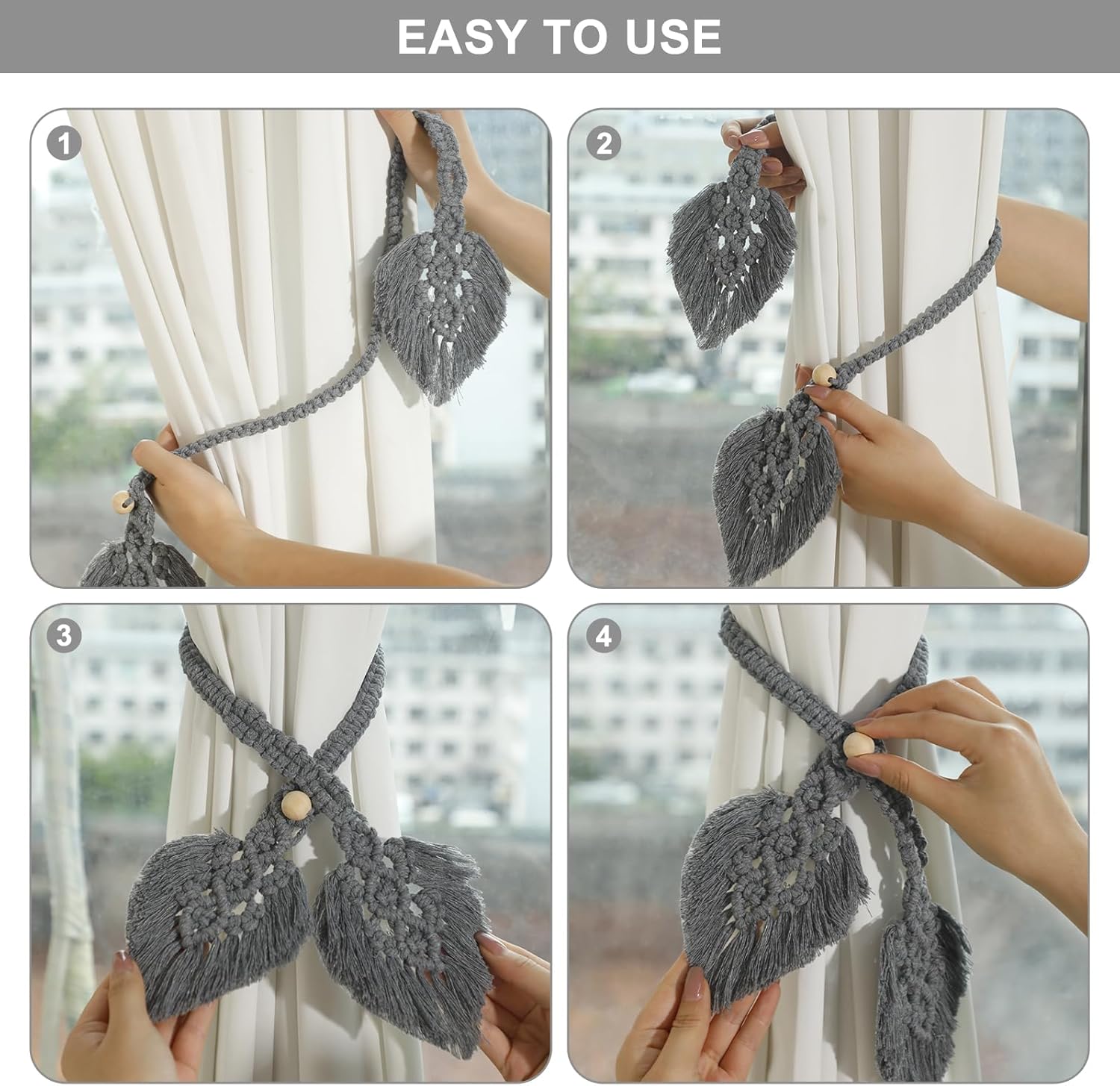 2 Pack Boho Curtain Tiebacks Adjustable Macrame Holdbacks for Drapes and Windows