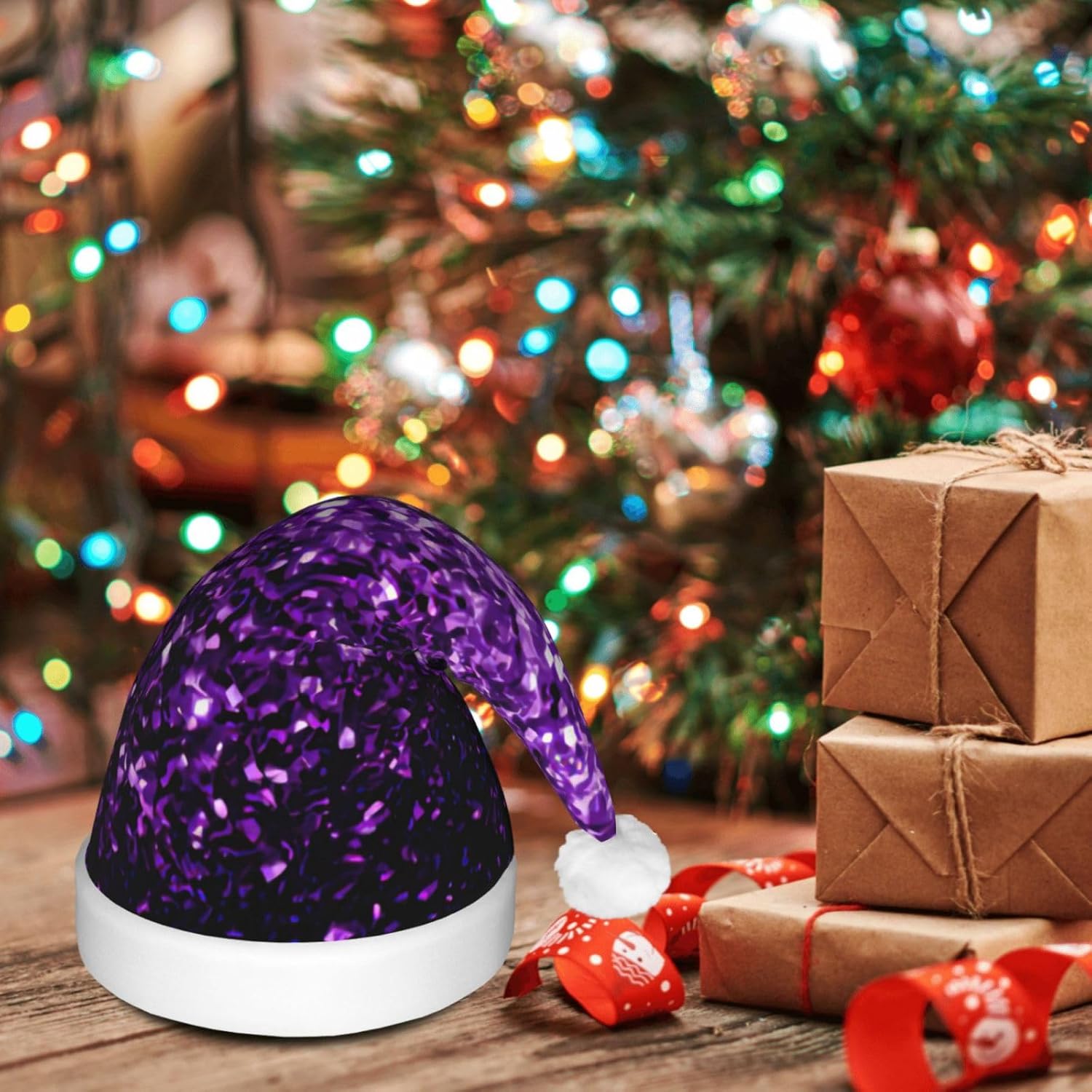 Beautiful Purple Glitter Print Christmas Hat with LED