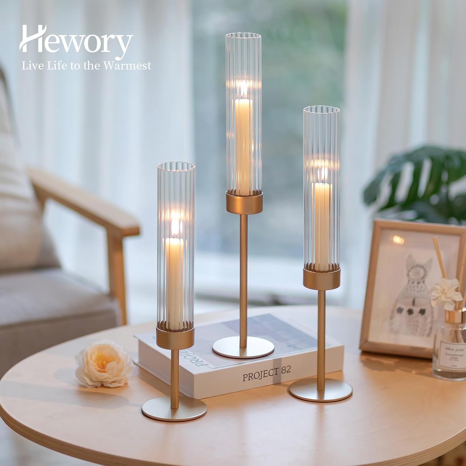Hewory Gold Hurricane Candle Holders Set of 3