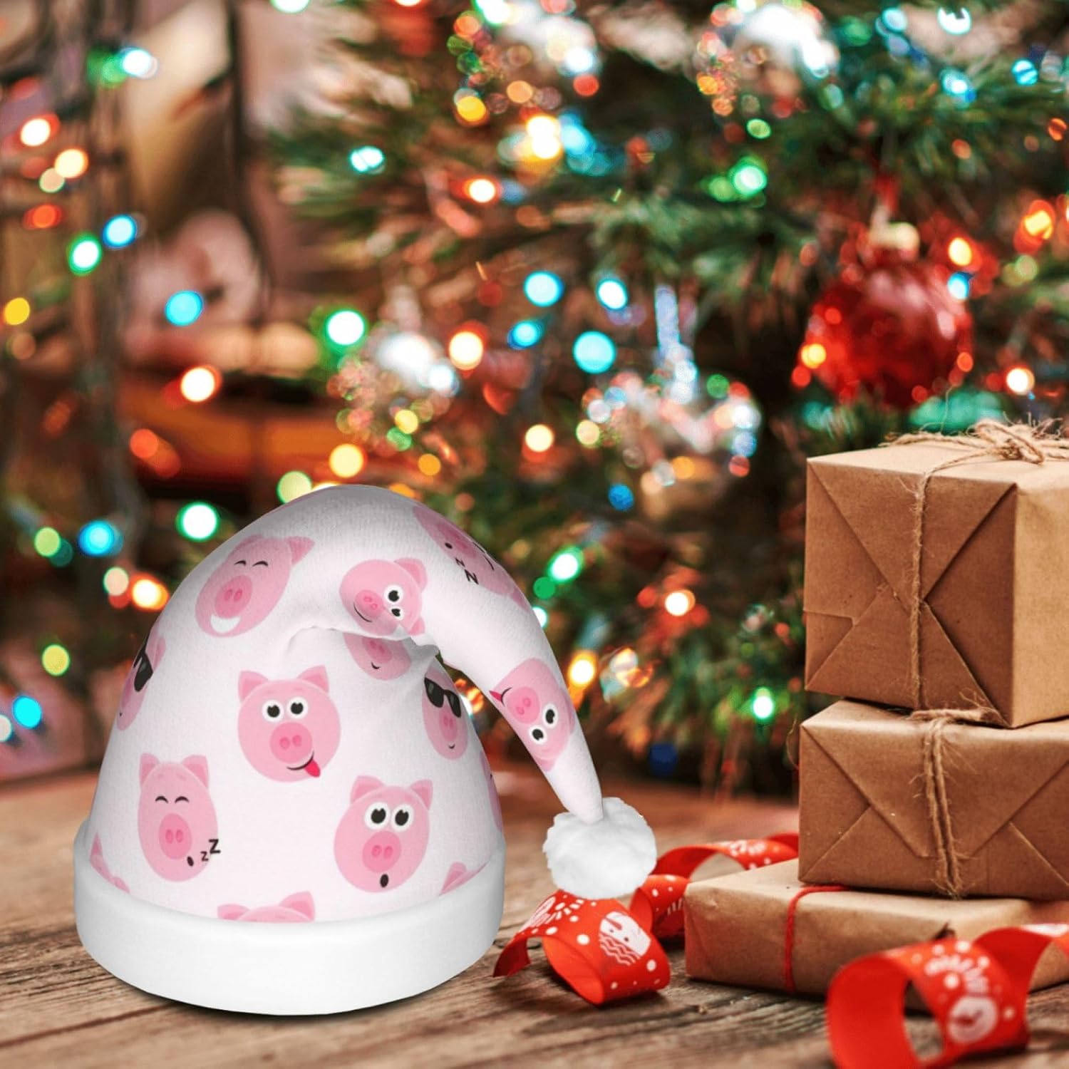 Funny Pink Pig Face Christmas Santa Hat Plush Light Up for Adult