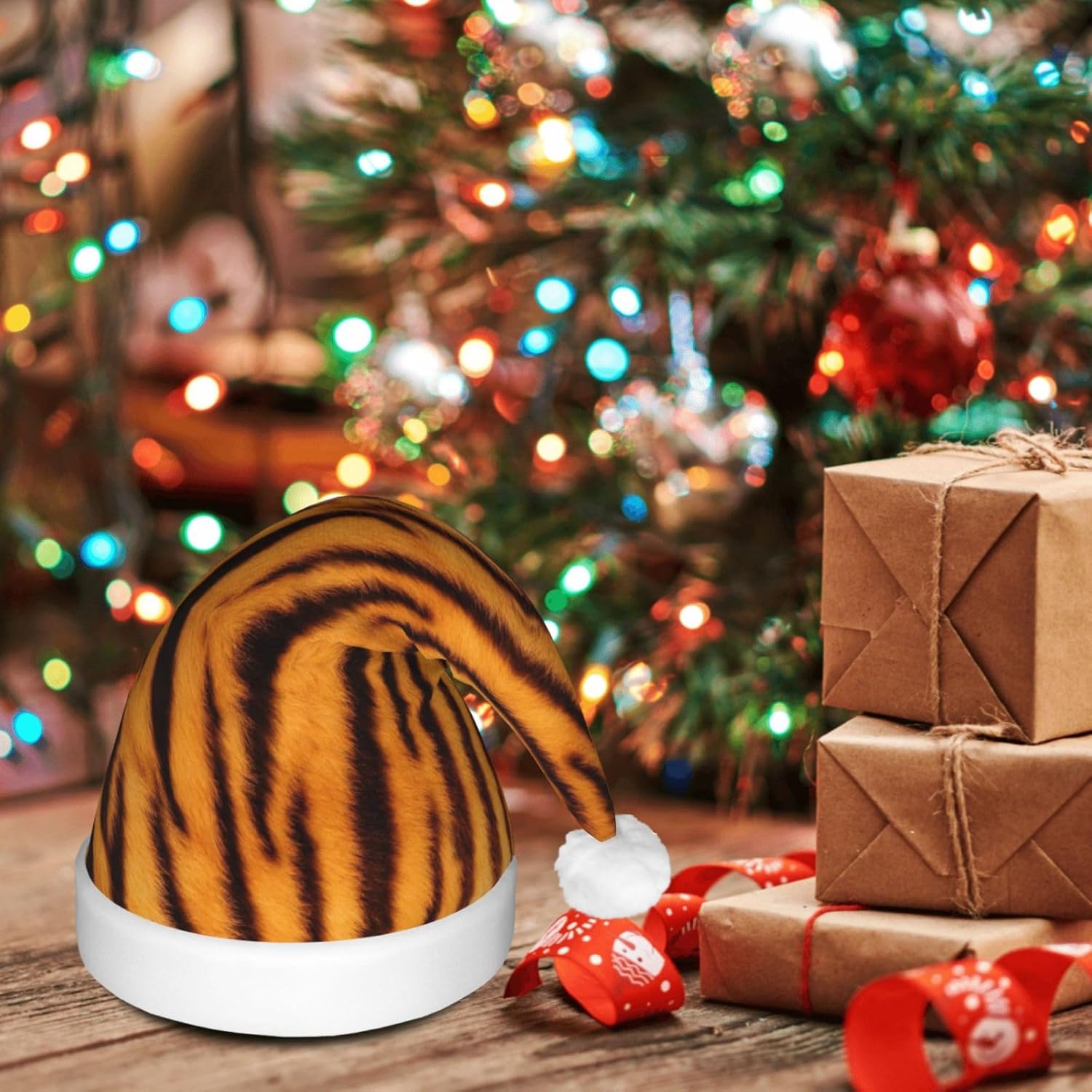Tiger Striped Christmas Santa Hat Plush Light Up for Adult