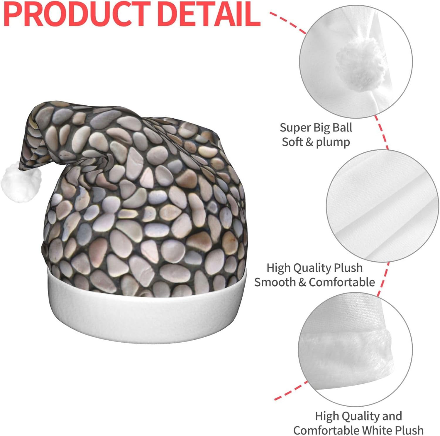 Pebble Stone Print Christmas Santa Hat Plush Light Up for Adults