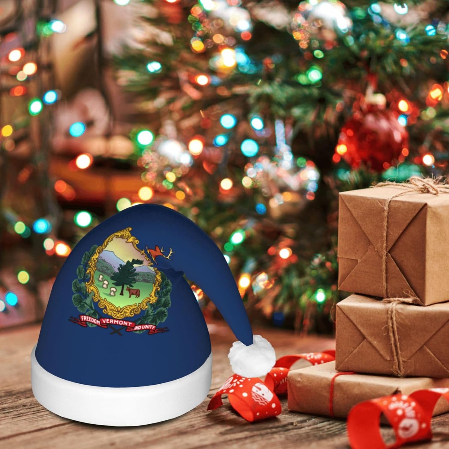 Vermont State Flag Christmas Hat with LED Lights