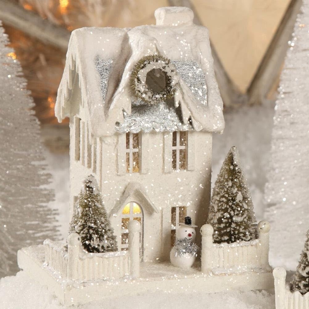 Bethany Lowe 9 Inch Wintery White Tall Putz House with Snowman