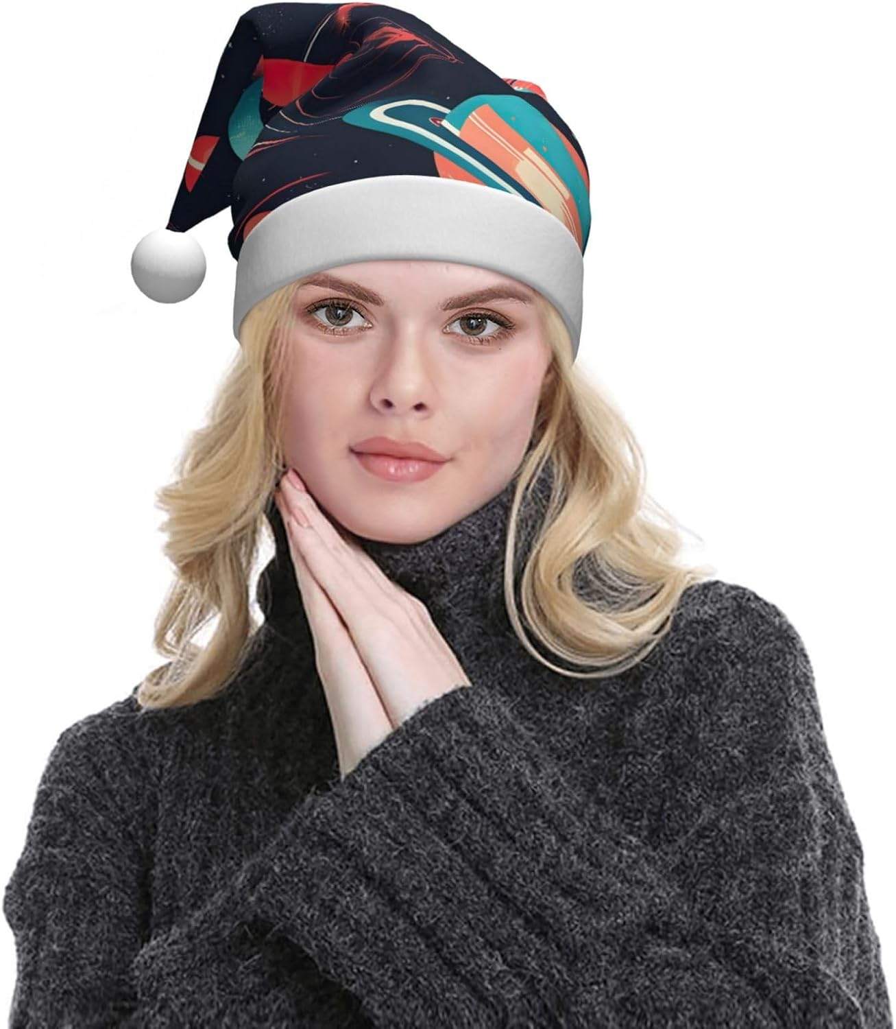 QinZheng Space Planets Print Santa Hat for Women
