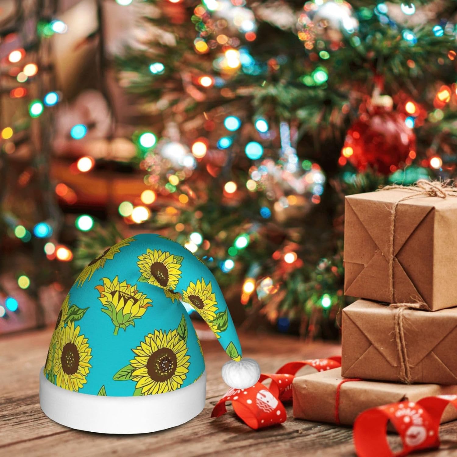 QINZHENG Sunflowers Print Santa Hat for Women Adult Christmas Gift