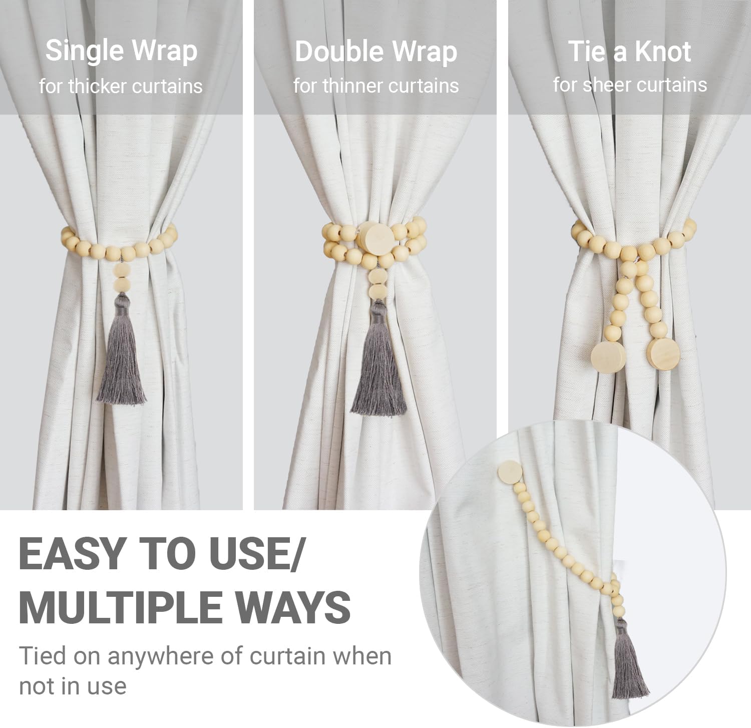 Magnetic Tassel Curtain Tiebacks - Set of 4 Grey