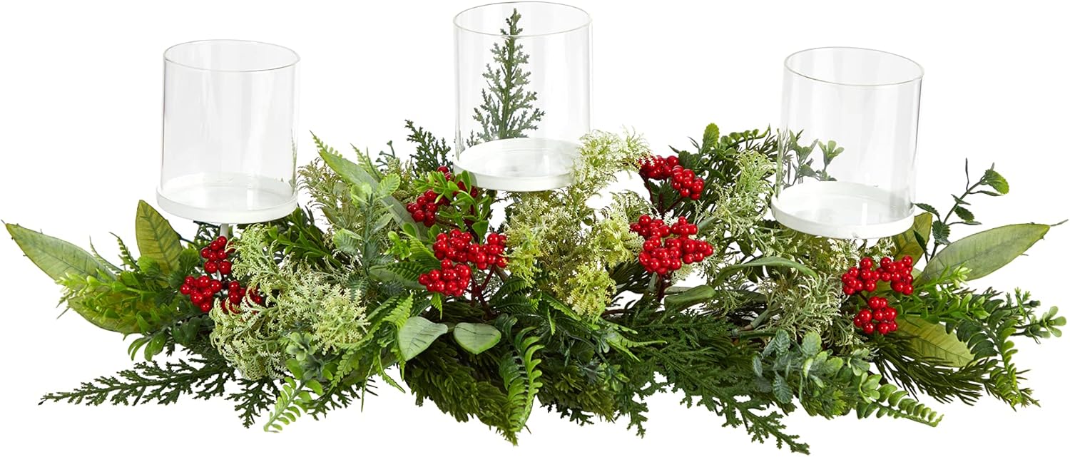 Nearly Natural 20in Holiday Christmas Candle Holder Table Arrangement