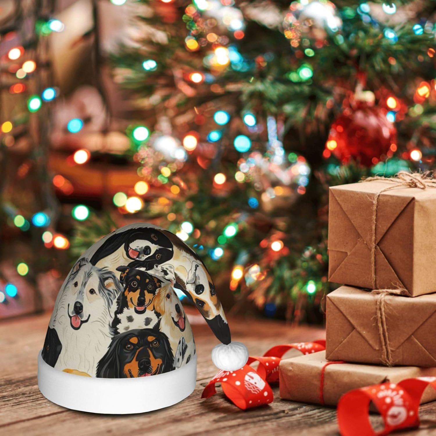 Dogs Print Christmas Santa Hat Plush Funny Adult Party Hat