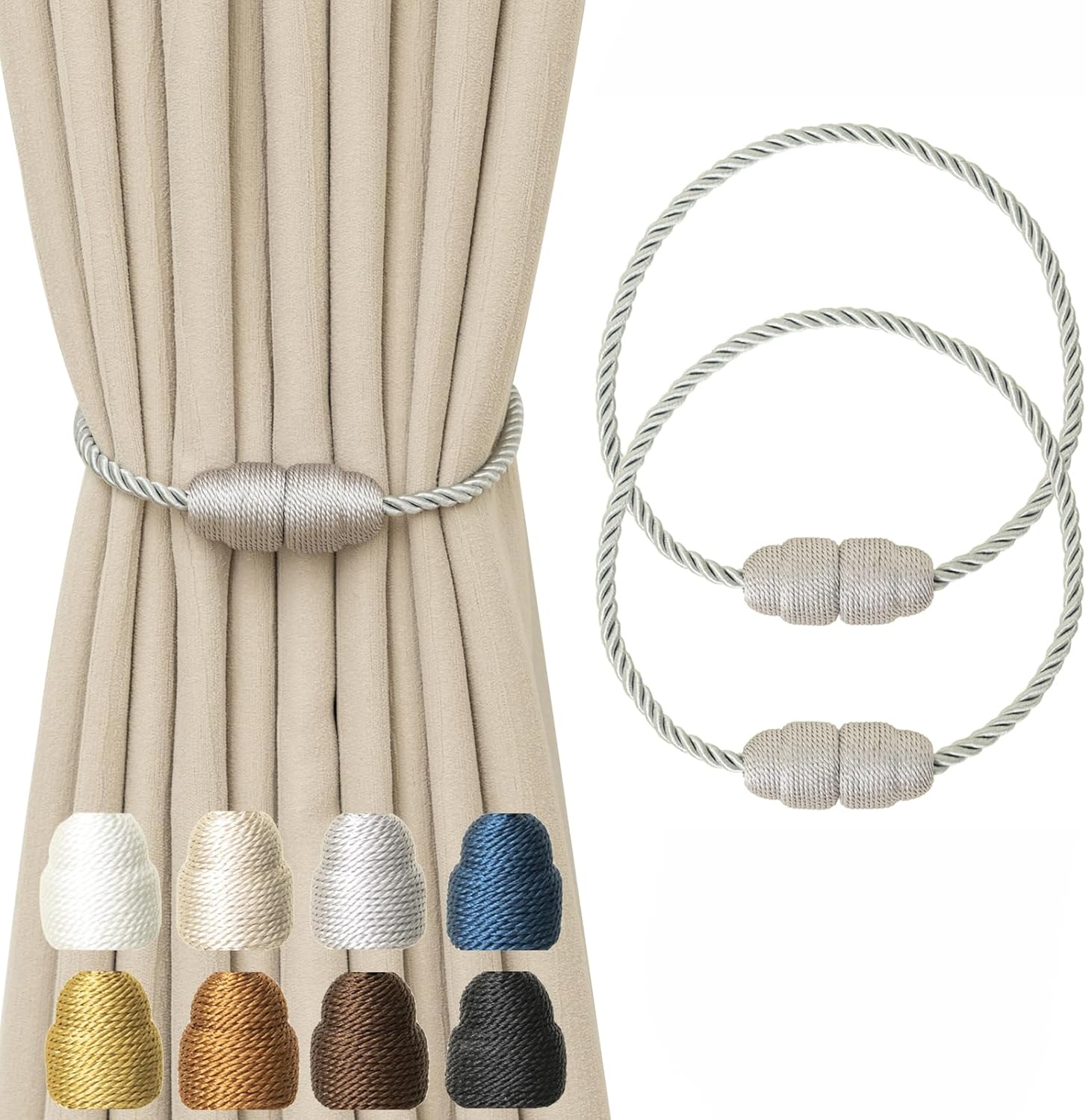 Magnetic Curtain Tiebacks - 2 Pack Grey Holdbacks