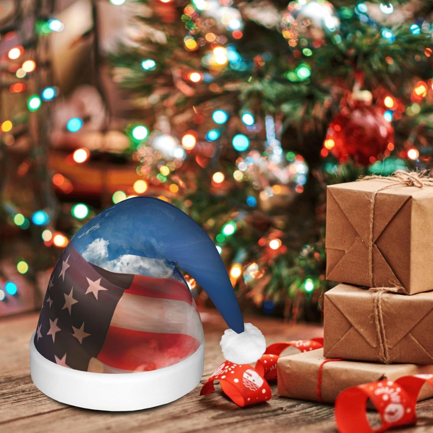 USA Flag Eagle Art Print Light Up Santa Hat for Adults