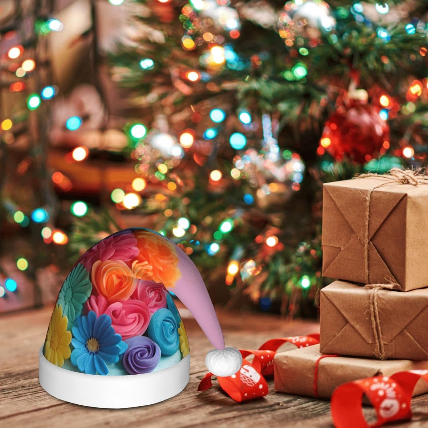 Colorful Cupcakes Santa Hat with Plush Trim