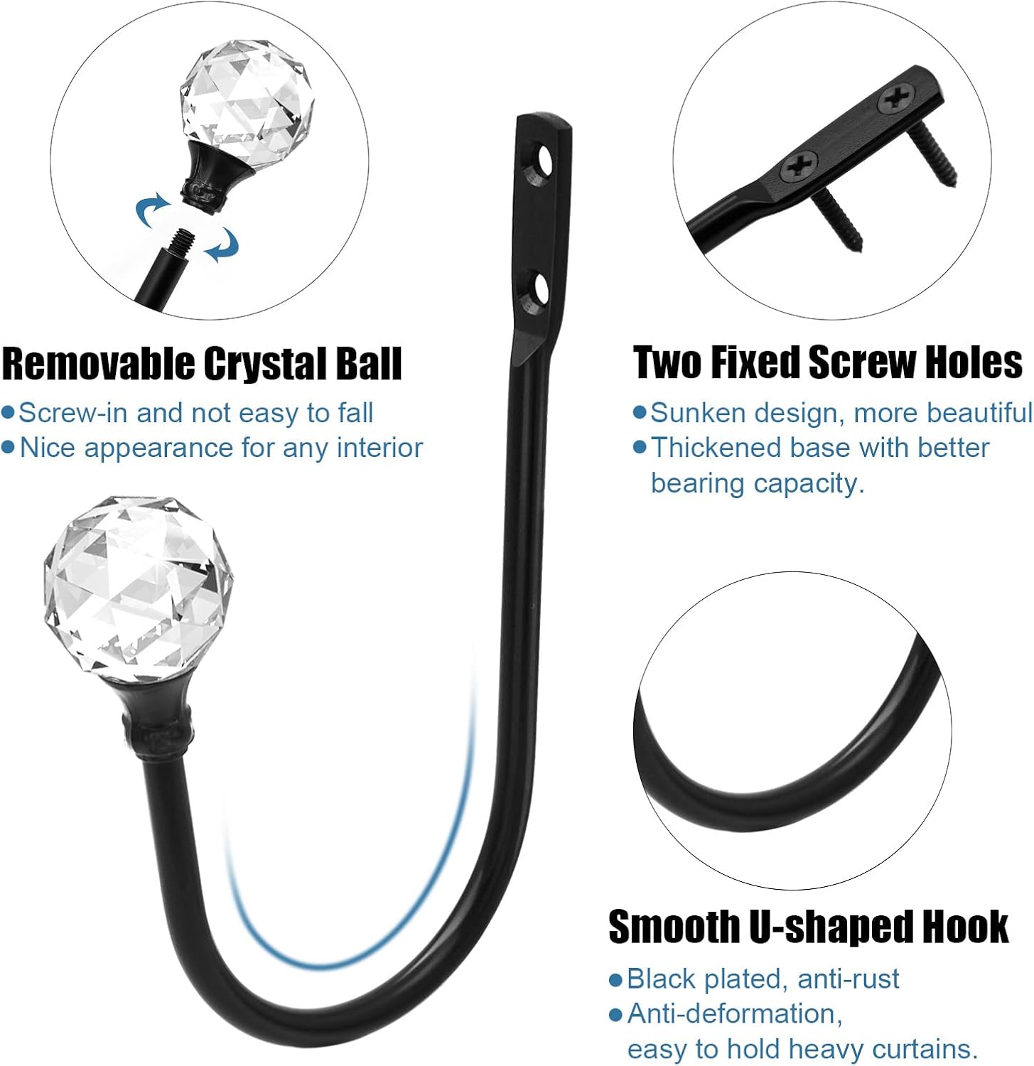 Crystal Curtain Holdbacks Black 4 Pack Heavy Duty