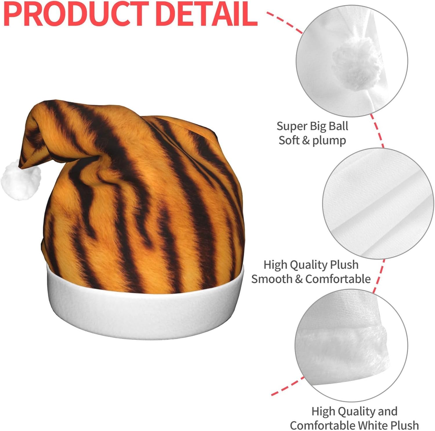 Tiger Striped Christmas Santa Hat Plush Light Up for Adult