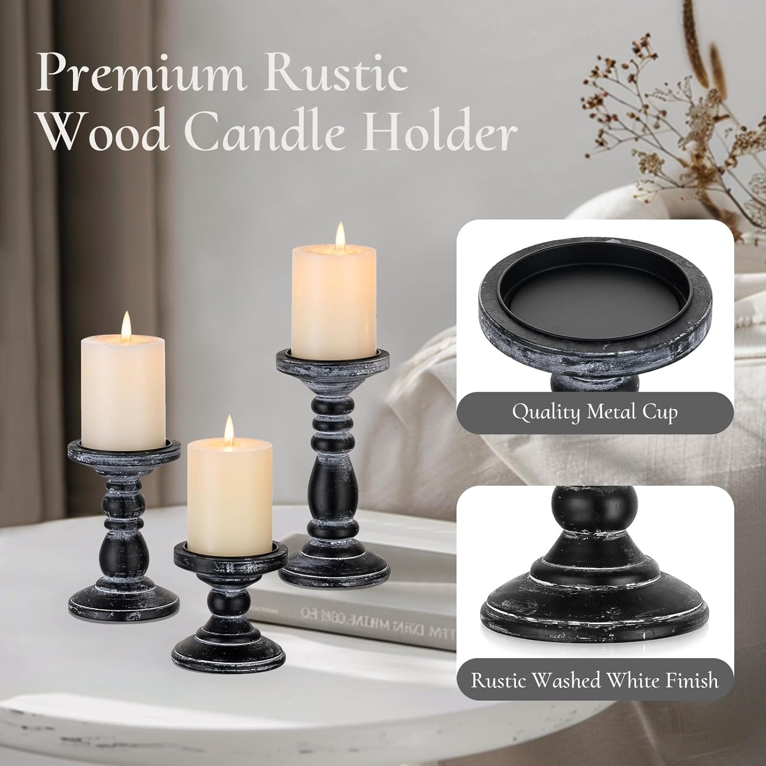 Inweder 3Pcs Rustic Black Candle Holders for Pillar Candles