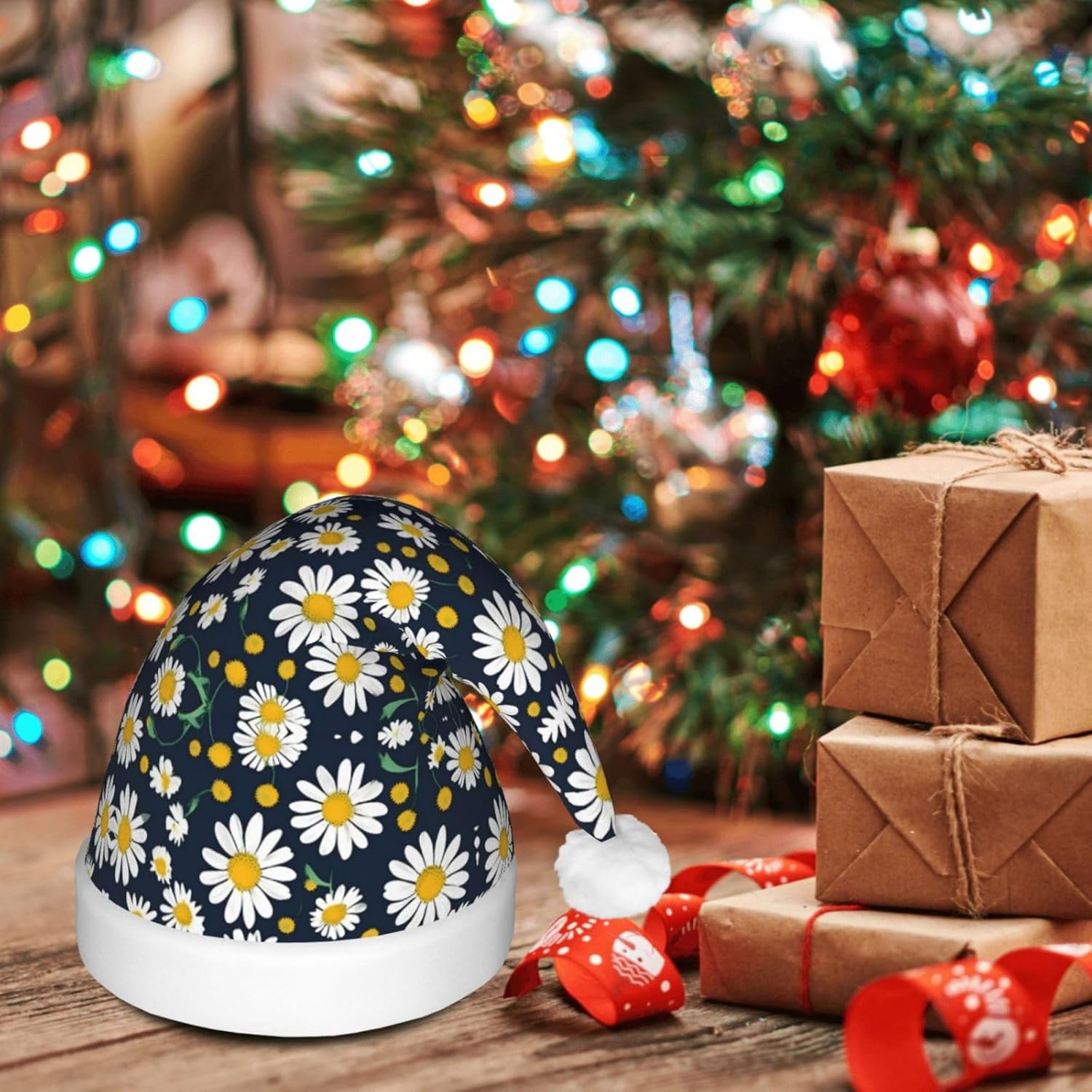 Floral Daisies Print LED Christmas Santa Hat for Adults