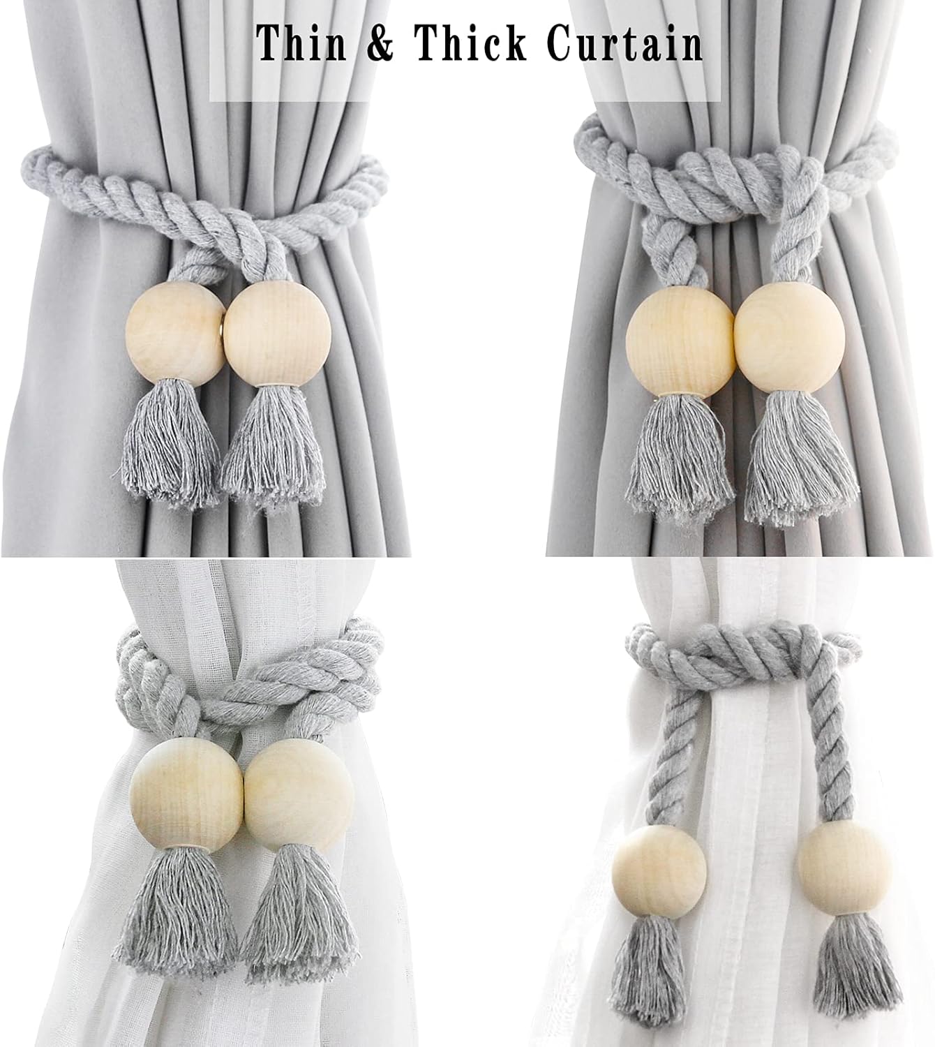 6 Pack Cotton Magnetic Curtain Holdbacks with Wooden Buckle No Tools Required