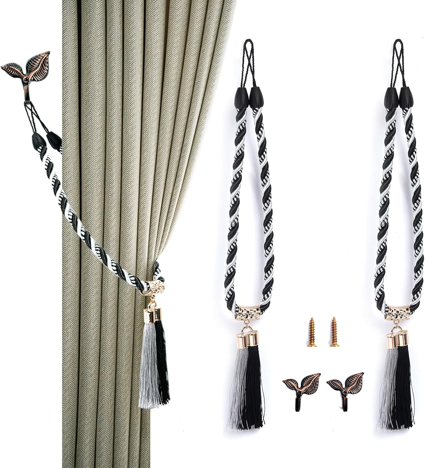 Grey Napoleon Style Curtain Tiebacks with Hooks