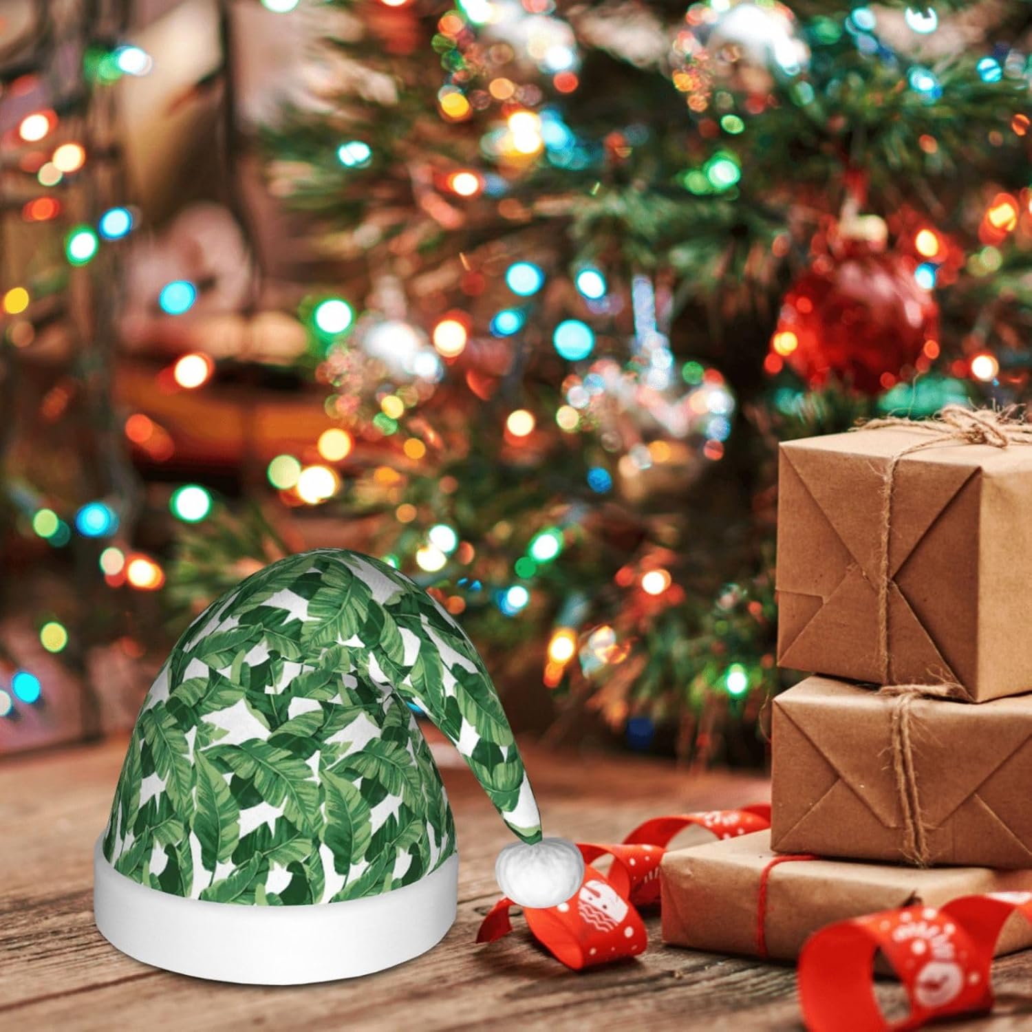 Cute Green Palm Leaves Print Santa Hat Small Size