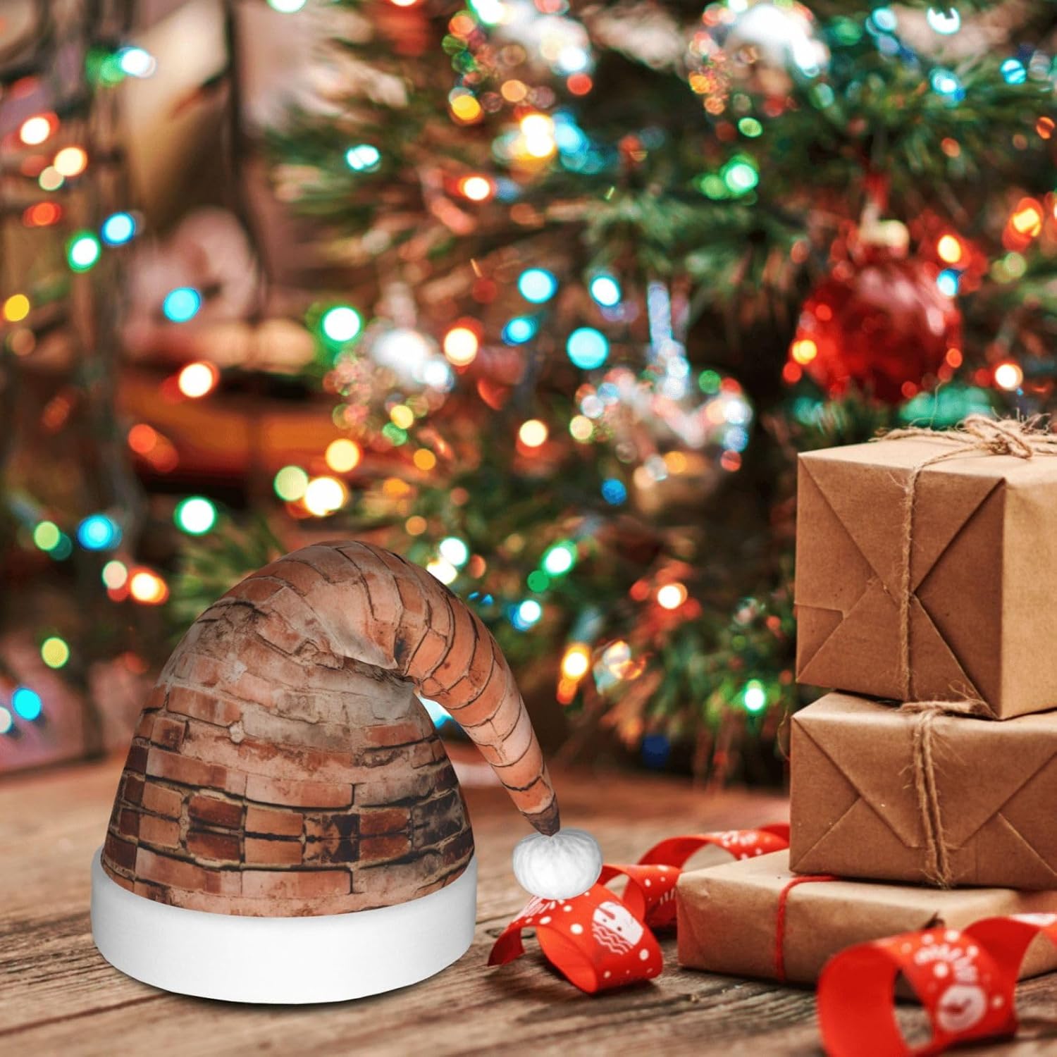 Red Brick Wall Texture Print Christmas Santa Hat Plush