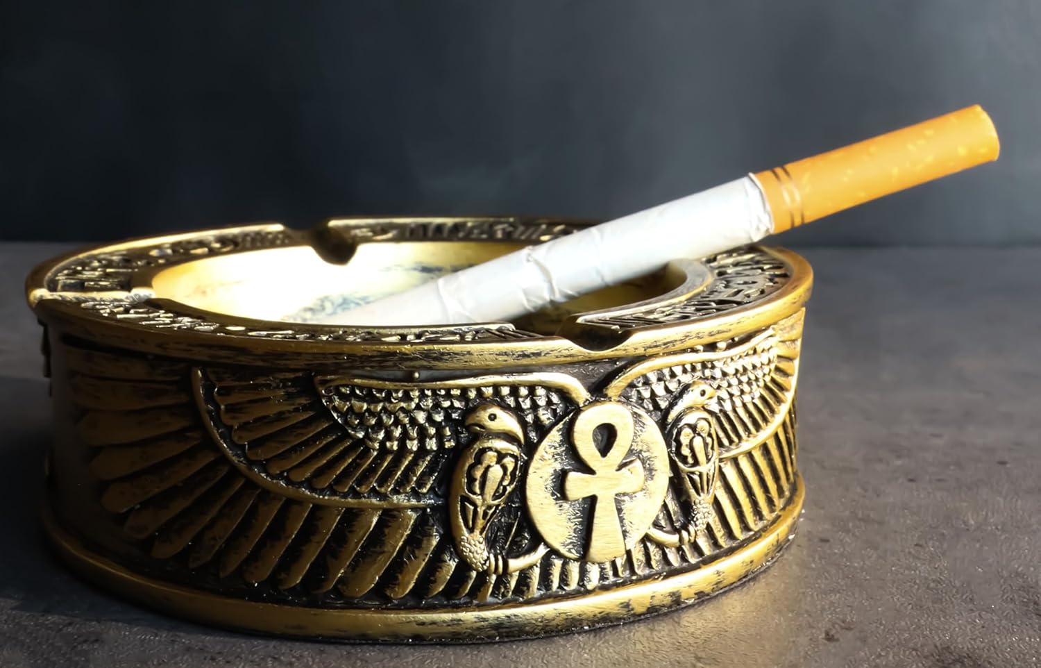 Egyptian Theme Ankh Dual Cobra Winged Scarab Ashtray Figurine 4 Inch