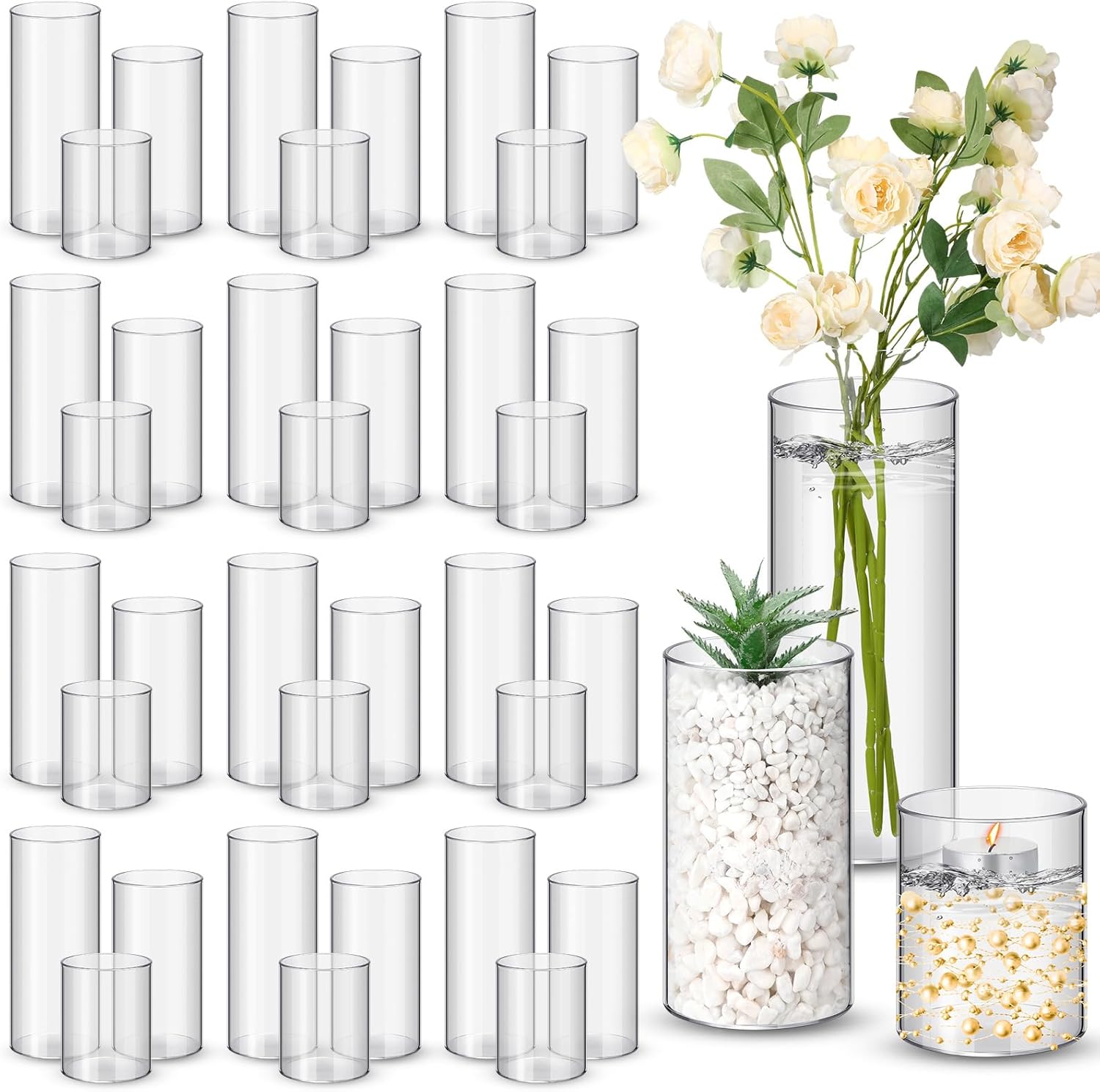 Nuogo 36 Pcs Clear Plastic Cylinder Vases for Centerpieces and Candle Displays