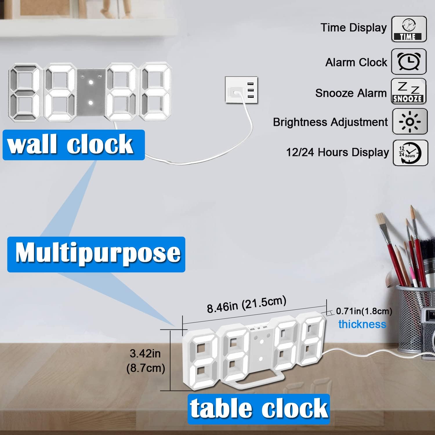Digital Alarm Clock with 3 Brightness Levels and 1224Hr Display