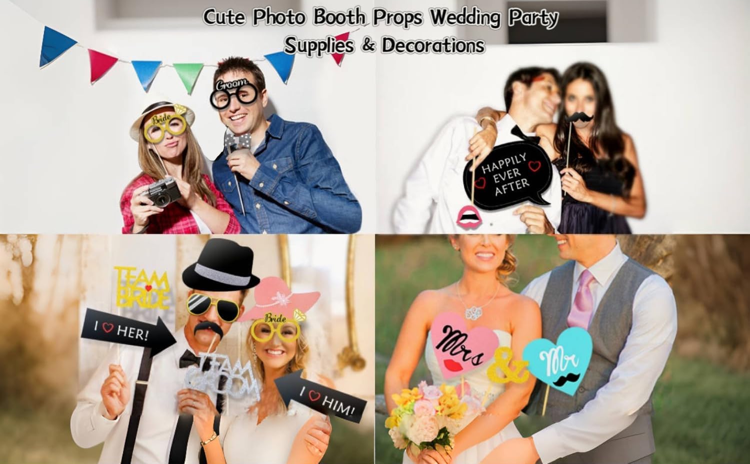 52Pcs Wedding Photo Booth Props - Gold Dust Cute Decorations