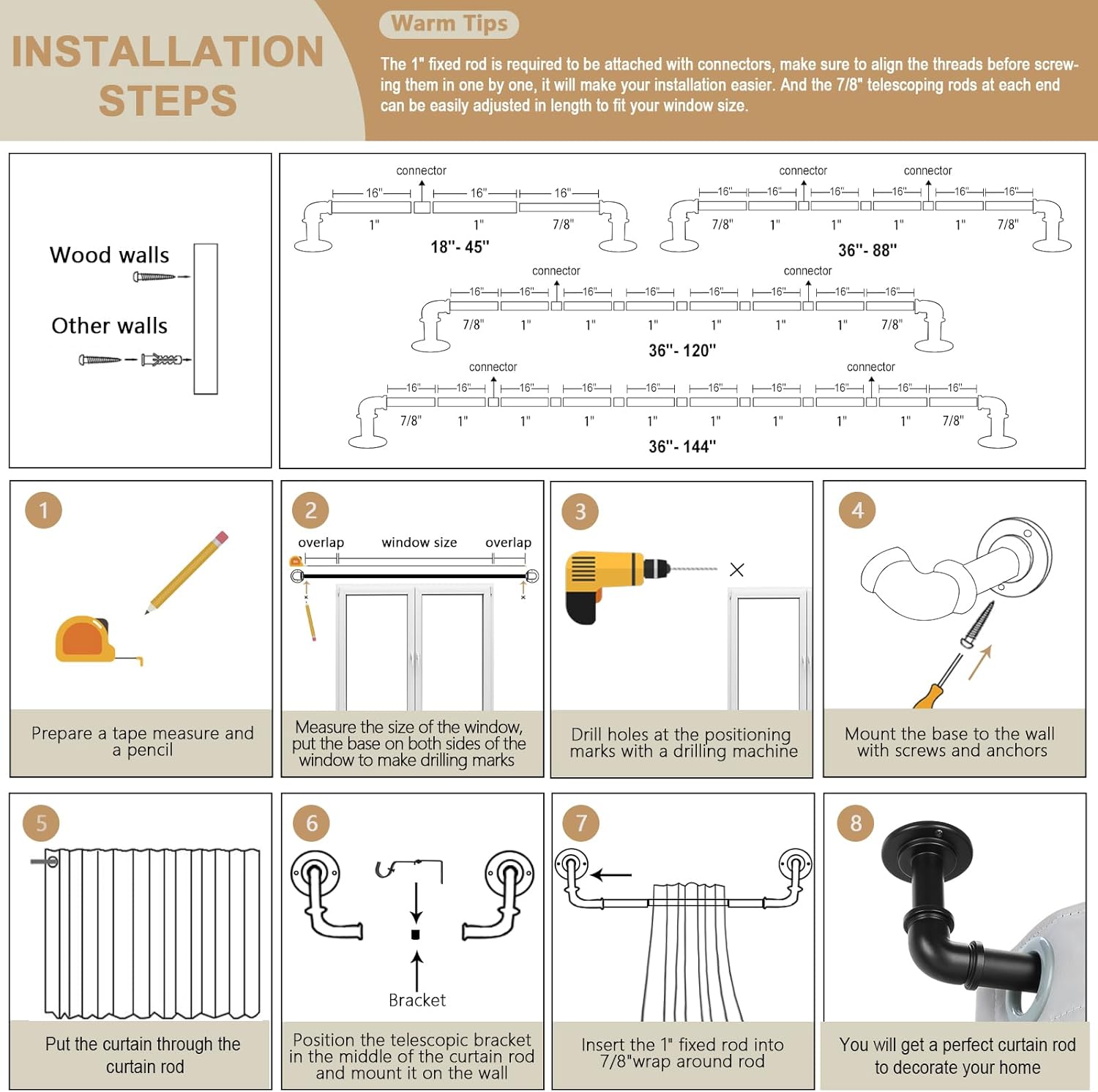 OLV Black Industrial Curtain Rods 48-84 Inch