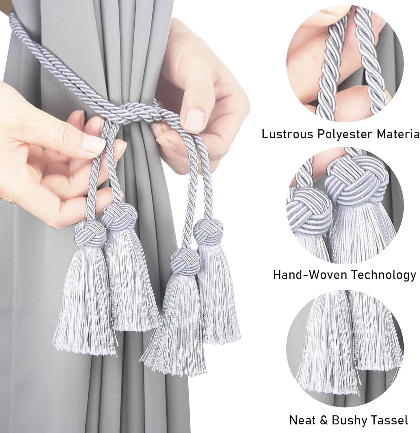 Elegant Curtain Tiebacks with Tassel Grey 2 Pack