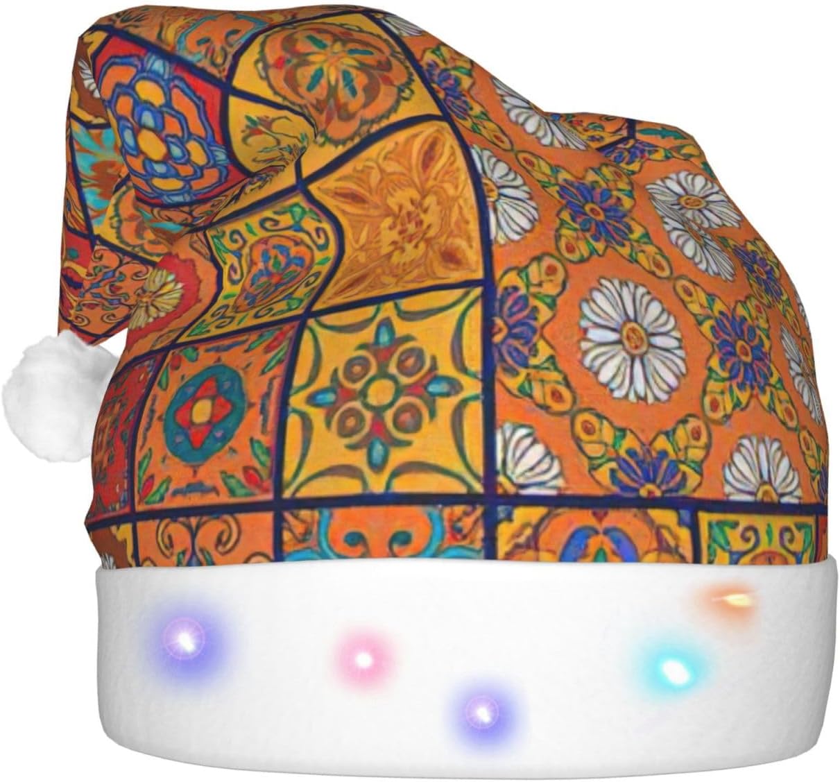 Moroccan Geometric Print Light Up Santa Hat Plush Set for Adults