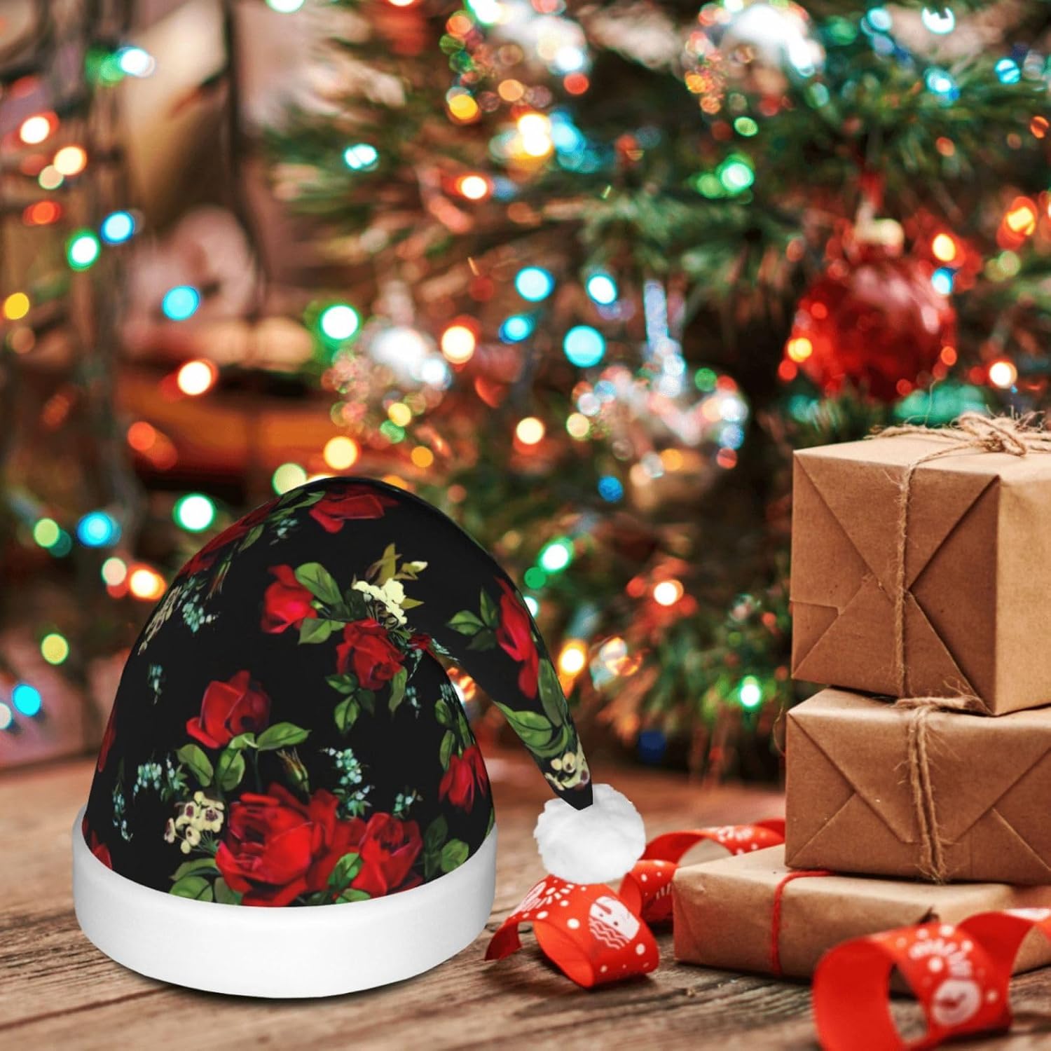 Beautiful Rose Print Christmas Santa Hat Plush Light Up Funny Adult Hat