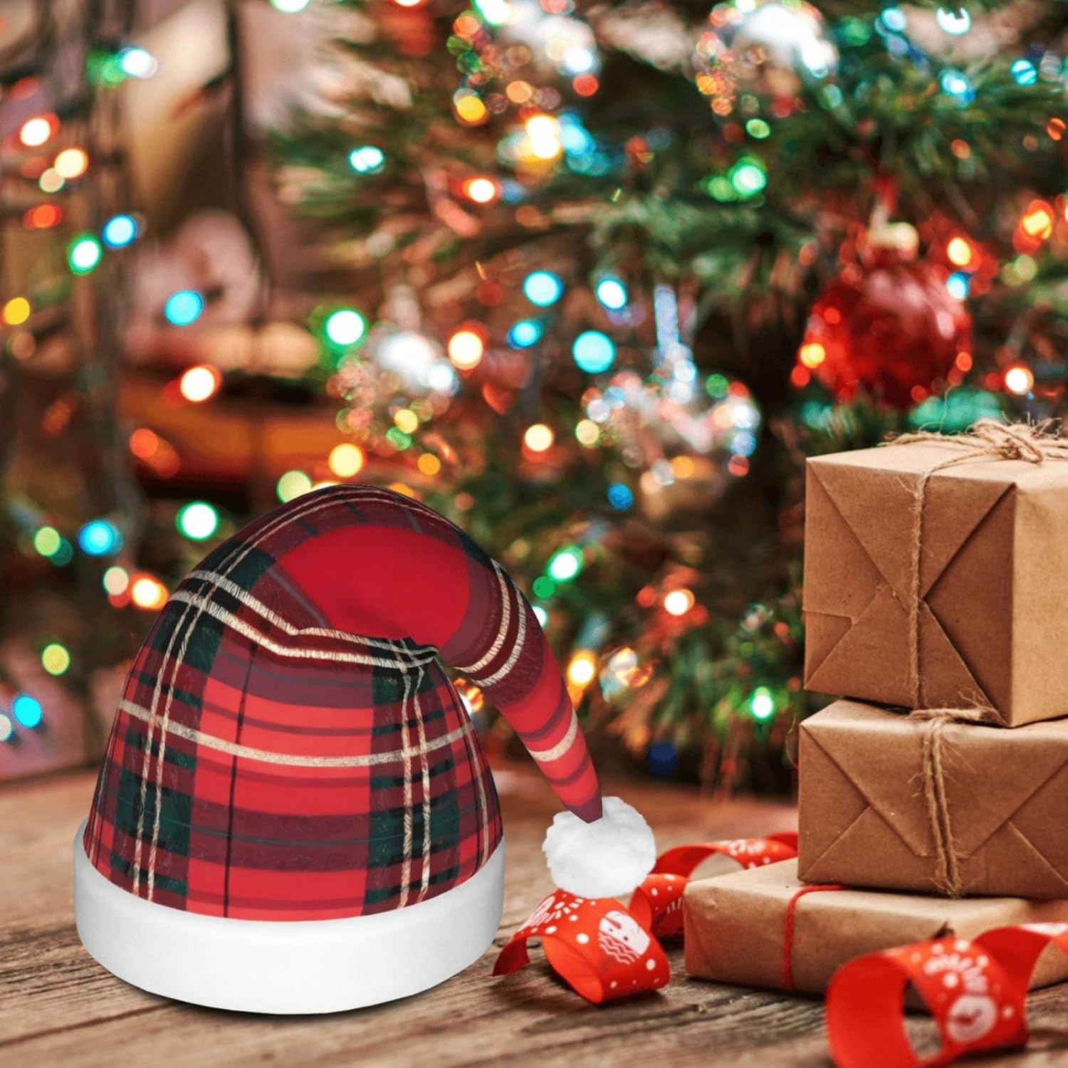 Plaid Red and Black Christmas Santa Hat Plush Light Up for Adults