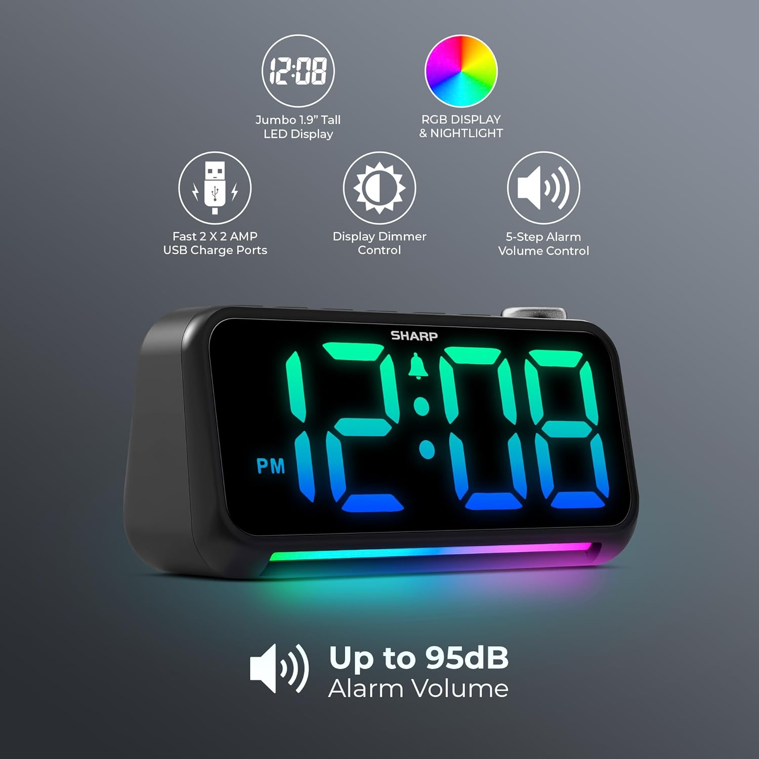 Sharp Loud Alarm Clock with RGB Night Light and USB Charger
