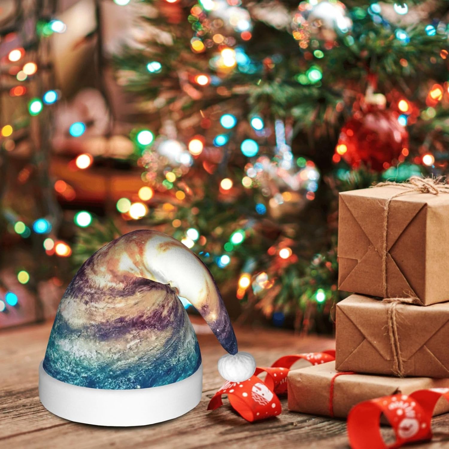 QINZHENG Galaxy Print Santa Hat for Women