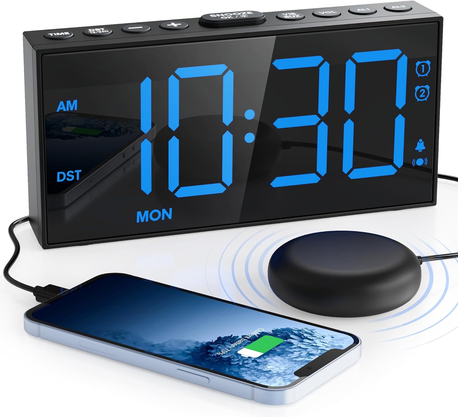 Mesqool Loud Alarm Clock with Vibration for Hearing Impaired