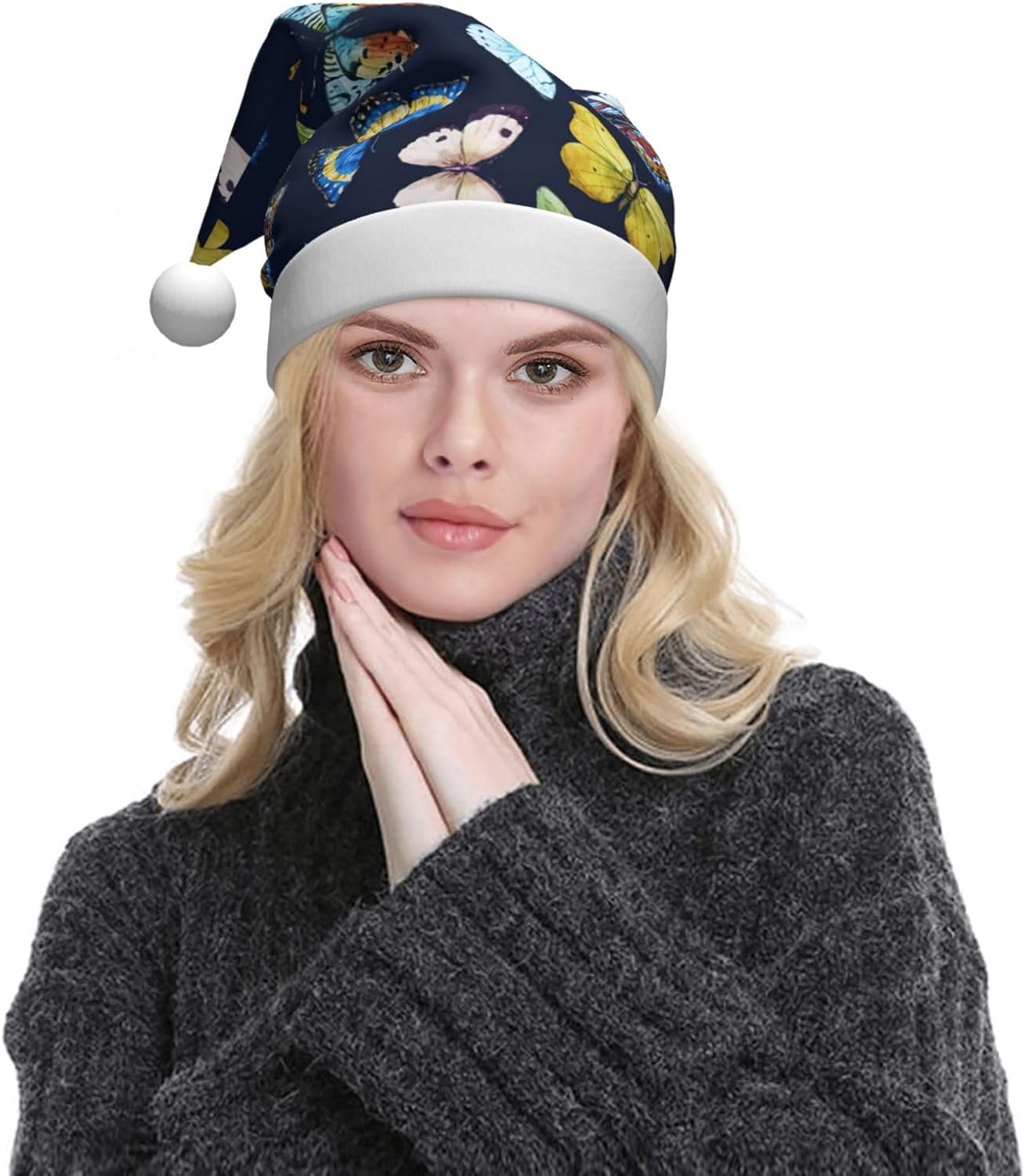 QinZheng Leaf Butterfly Print Santa Hat for Women