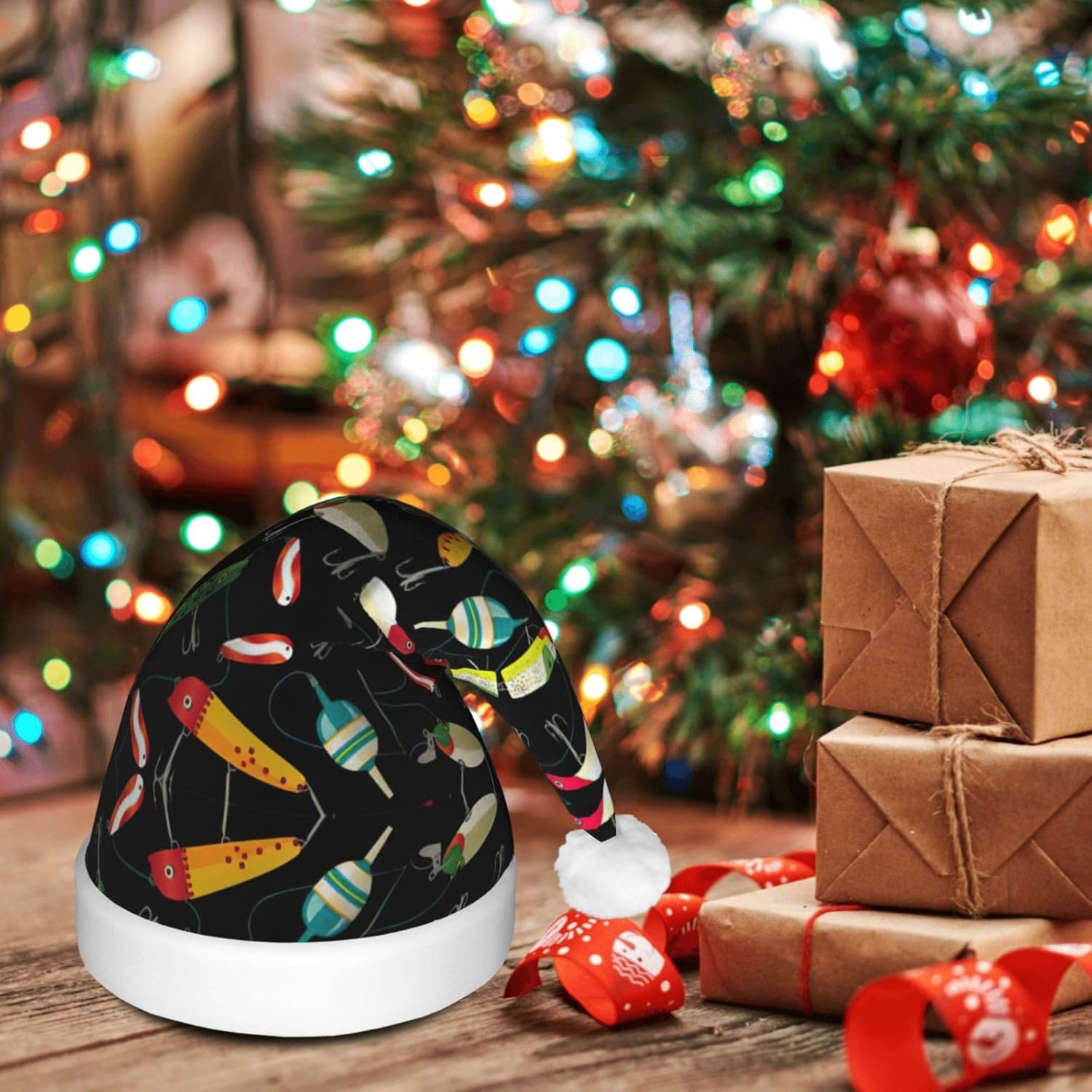 Fishing Lure Christmas Santa Hat Plush Light Up Funny Adult Hat