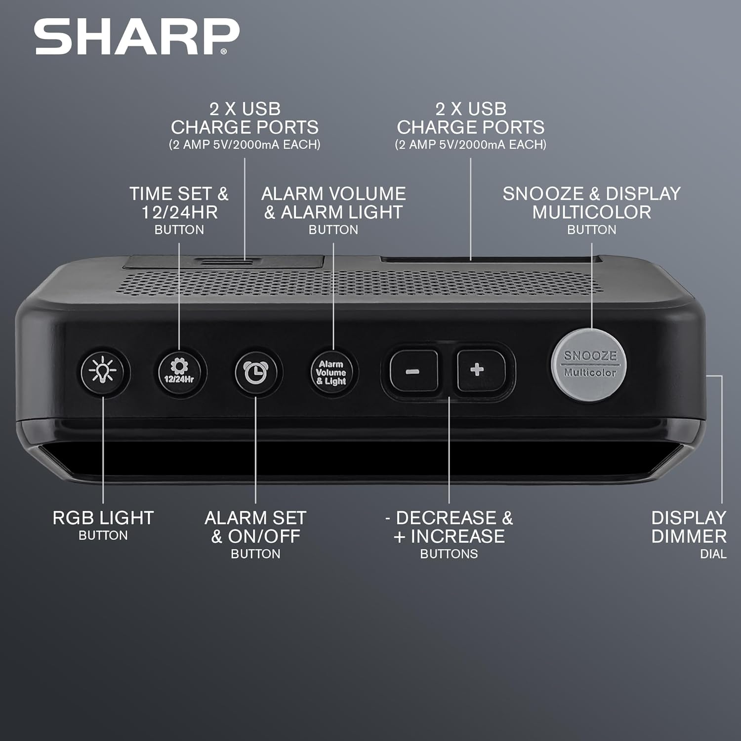 Sharp Loud Alarm Clock with RGB Night Light and USB Charger