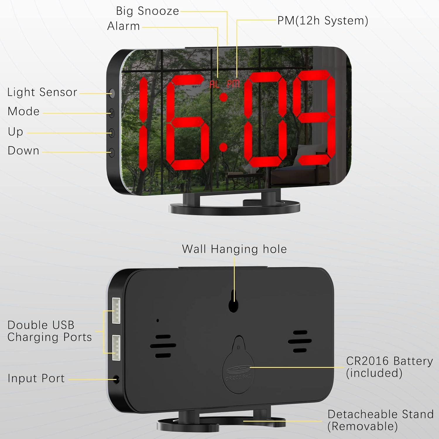 WulaWindy Digital Alarm Clock with USB Charger and Large Mirror Display