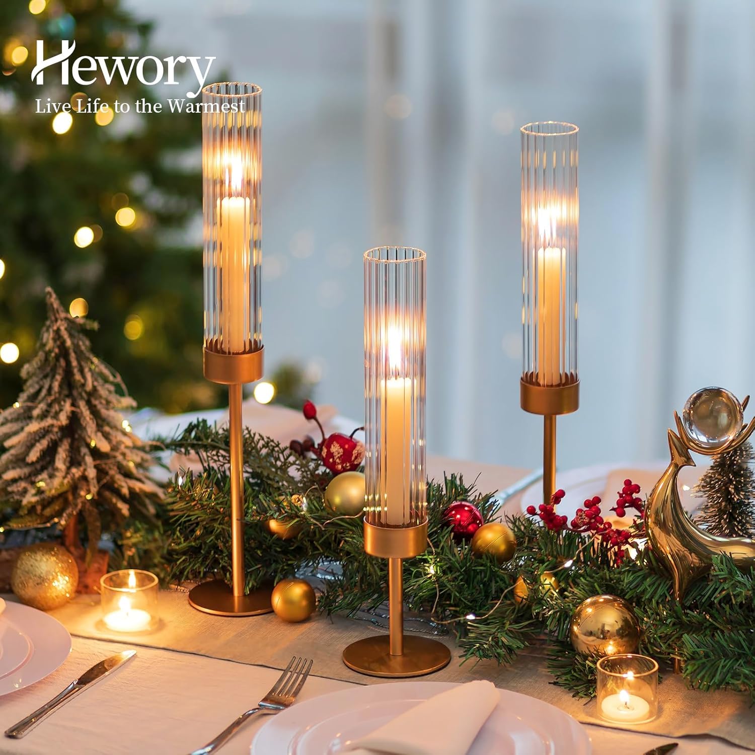 Hewory Gold Hurricane Candle Holders Set of 3