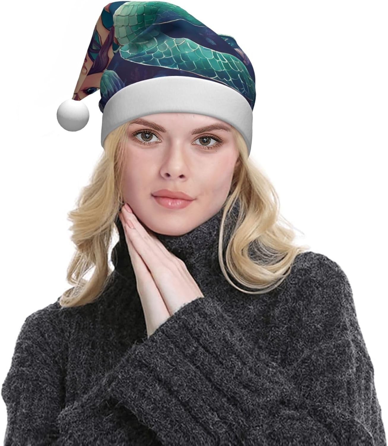 QINZHENG Mermaid Print Santa Hat for Women
