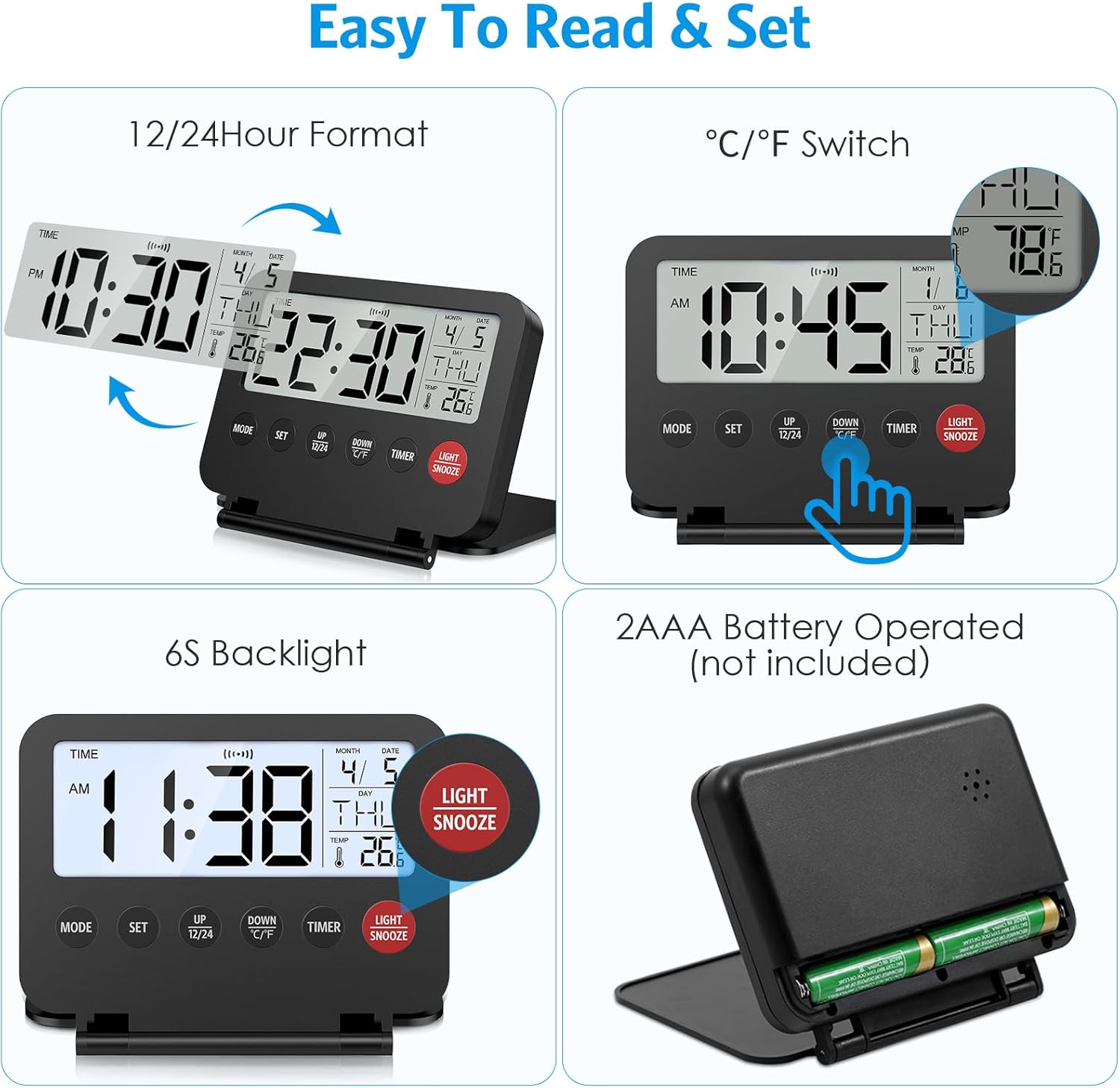 AMIR Digital Travel Alarm Clock with Calendar and Temperature