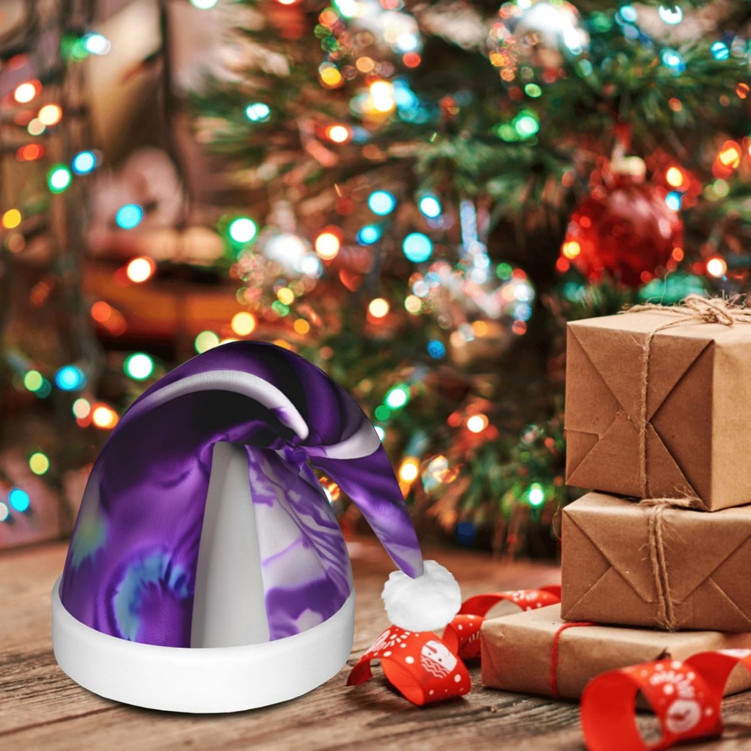 Purple Tie Dye Flower Print Christmas Hat with LED Lights