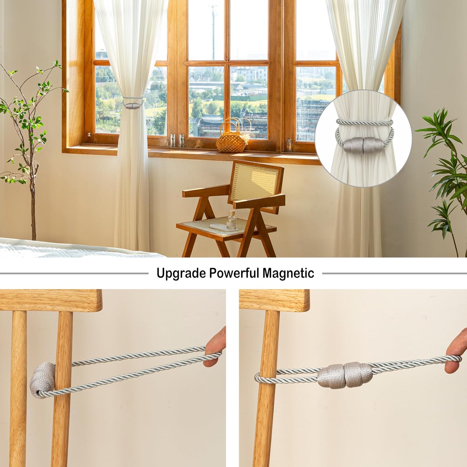 Magnetic Curtain Tiebacks - 2 Pack Grey Holdbacks