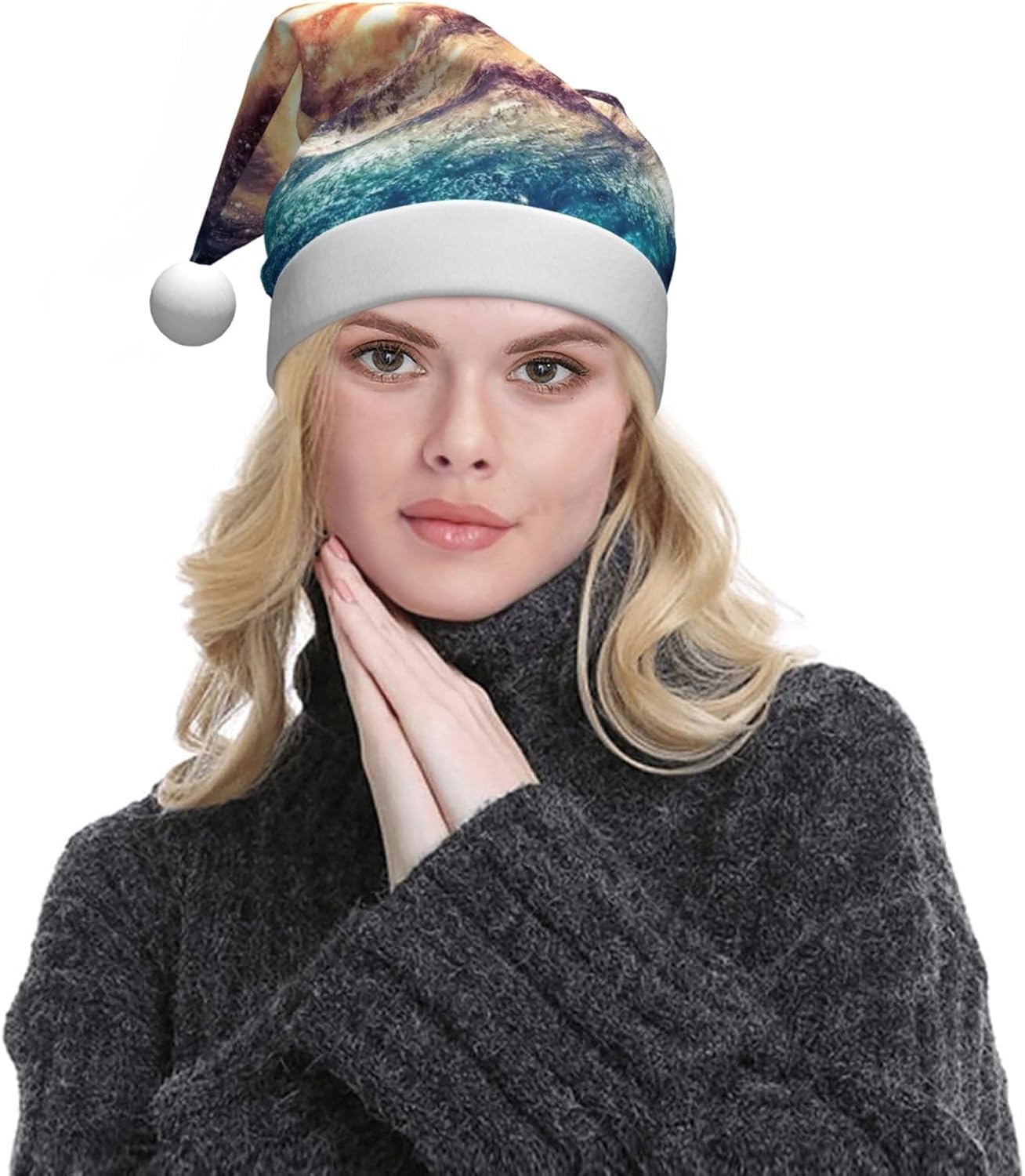 QINZHENG Galaxy Print Santa Hat for Women