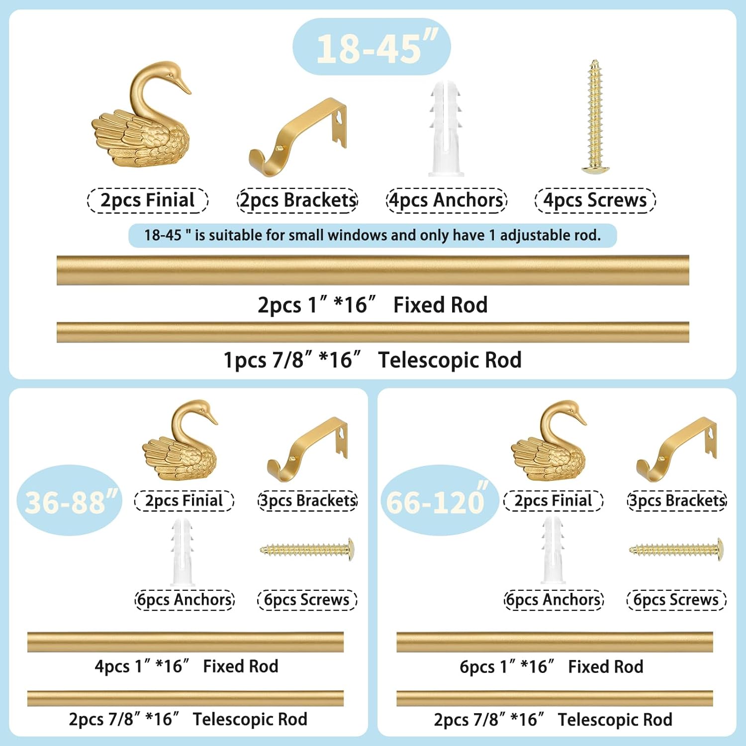 TANGWIN Gold Farmhouse Curtain Rod with Swan Finials